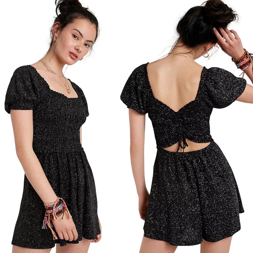 Urban Outfitters Shay Glitter Romper Playsuit Cut Out Ruched Back Black Small